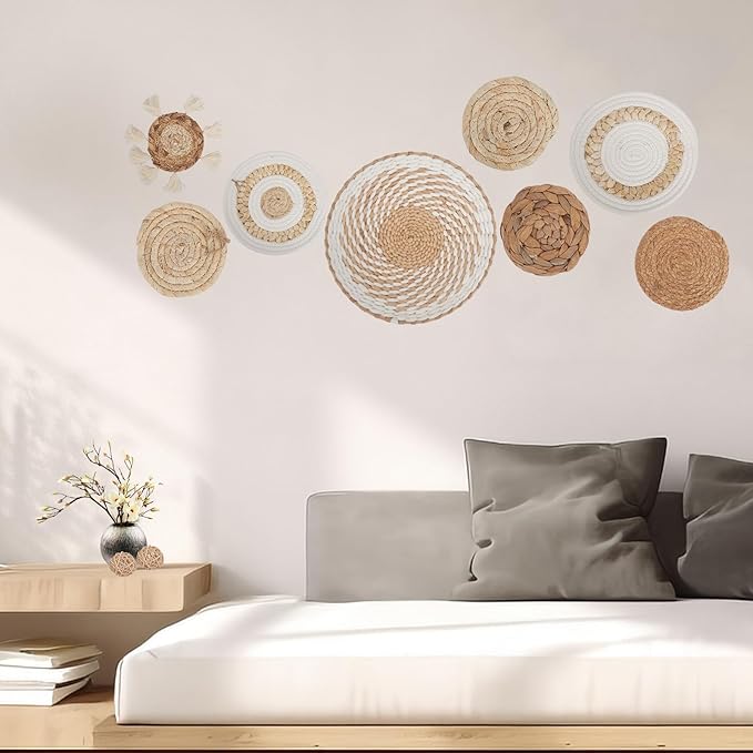 11Pcs Boho Wall Basket Decor, Round Hanging Rattan Wall Decor Flat Woven Basket Wall Hanging Decor, Tassels White Seagrass Wicker Boho Baskets Decoration Art for Farmhouse Bedroom Living Room