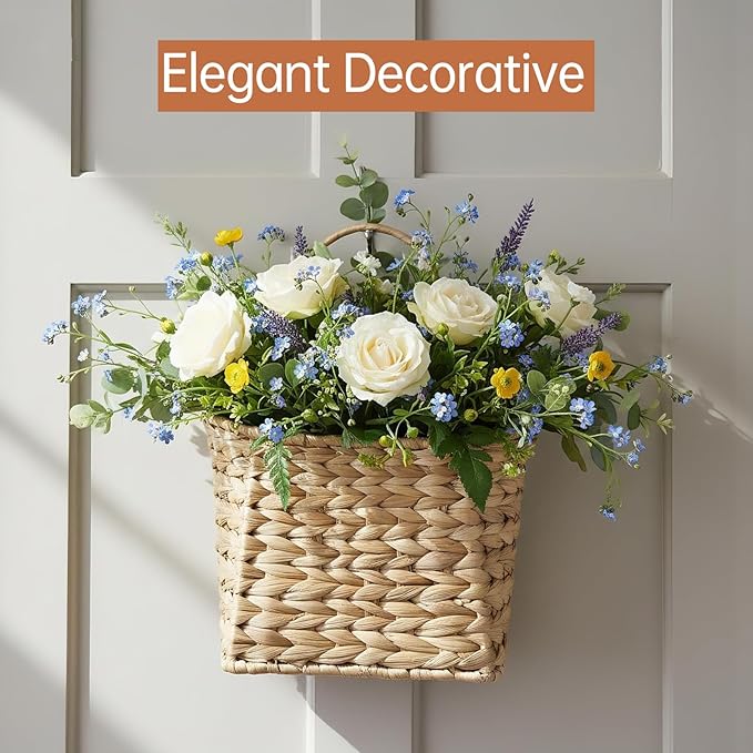 Wicker Hanging Basket,Woven Hanging Wall Basket for Organizing and Decor,Natural Water Hyacinth Wall Mounted Storage Baskets for Farmhouse Home,Door,Entryway,Flower,Mail,Plant,Set of 2