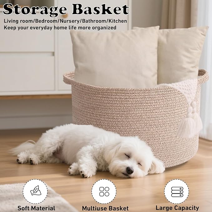 90L Large Blanket Basket,21.7"L x 21.7"W x 13.8"H Rope Woven Baskets with Handles, Toys Storage Bins,Laundry Basket Perfect for Living Room, Nursery,Bedroom,Home Organization,Brown