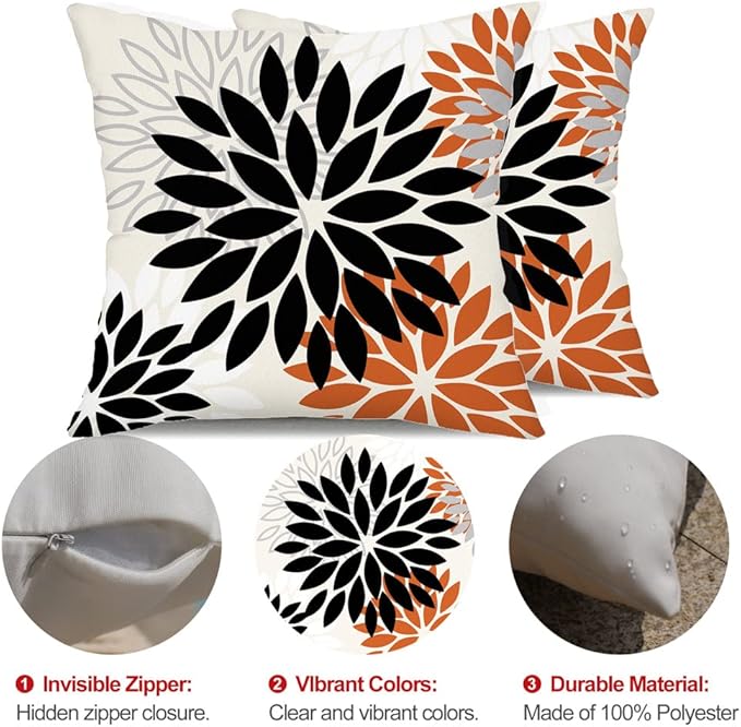 DFXSZ Black Orange Flower Pillow Covers 18x18 Inch Set of 2 Outdoor Throw Pillows Outdoor Waterproof Decor for Living Room Sofa Patio Funiture Garden Floral Polyester Pillow Covers 002V18