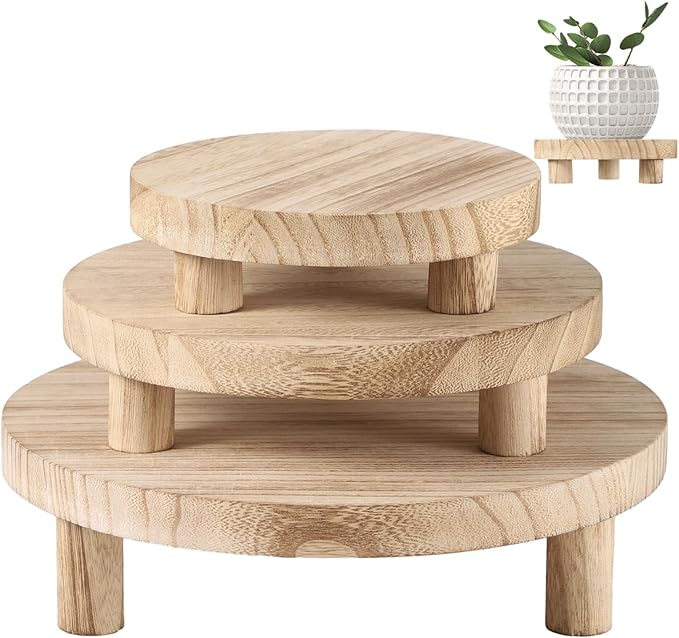 3 Pcs Wood Plant Stands, Wooden Pedestal Stands, Round Wood Display Risers, Modern Decorative Planter Holders, Flower Pot Display Trays, 6", 8", 10", Ideal for Home Decor