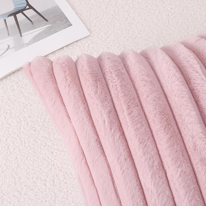 Pallene Faux Fur Plush Throw Pillow Covers 20x20 Set of 2, Luxury Soft Fluffy Striped Decorative Pillow Covers for Sofa, Couch, Living Room, Blush Pink