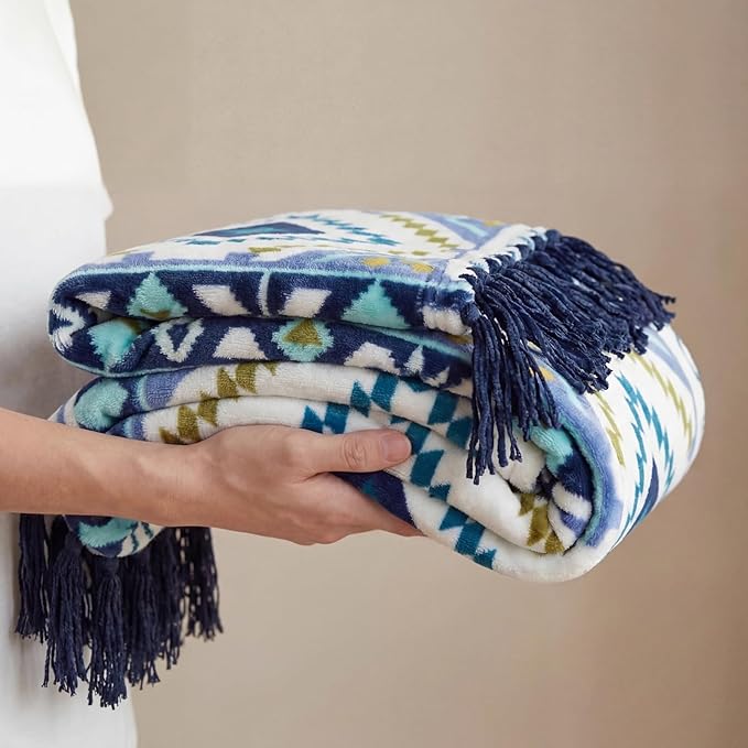 CASAAGUSTO Boho Throw Blanket - Blue and White Decorative Blankets with Tassel, Printed Flannel Bohemian Blanket for Chair, Bed, Sofa, Couch(50 * 60, Blue and White)