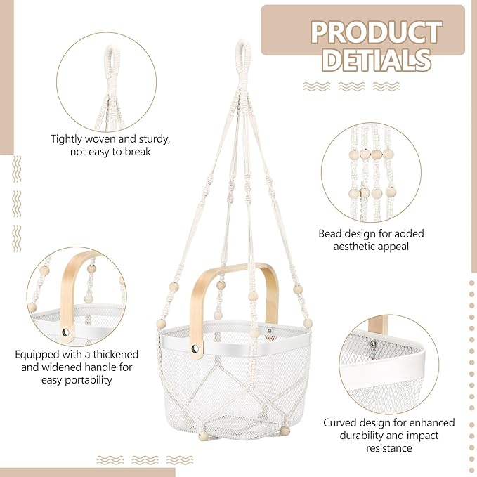 2 Sets Hanging Fruit Baskets for Kitchen 2 Size Metal Wire Mesh Basket with Boho Woven Rope Fruit Hammock Wall Hanging Vegetable Produce Basket for Kitchen Organizing Gathering Storage