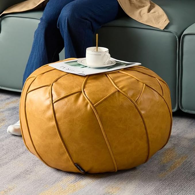 Louis Donné Moroccan Pouf Cover Unstuffed Waterproof Faux Leather Ottoman Foot Rest, Round Storage Bean Bag Chair for Stuffed Animals, Boho Floor Cushion for Living Room Patio, (Yellow)