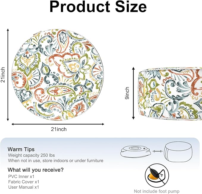 Inflatable Ottoman Stool D21 xH9 for Outdoor/Indoor Use, Water Repellent Patio Foot Rest with Portable Handle,Round Pouf Ottoman Suitable for Garden,Deck and Camping-Paisley Botanical
