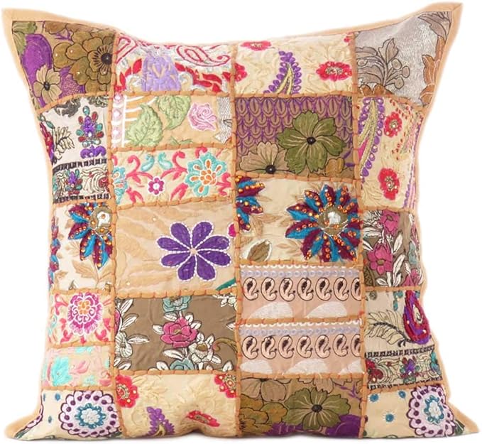 Eyes of India Decorative Patchwork Boho Throw Pillow Cover, Colorful Bohemian Cushion Case for Sofa Couch, Handmade Accent Bedroom Living Room (Light Brown, 24" x 24")