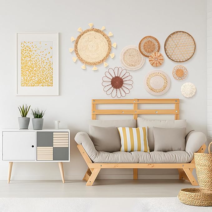 Teiyamsy 9 Pcs Boho Wall Basket Decor Handmade Woven Wicker Basket Wall Decor Round Farmhouse Hanging Wall Art for Rustic Home Living Room Kitchen Bedroom(Serene)