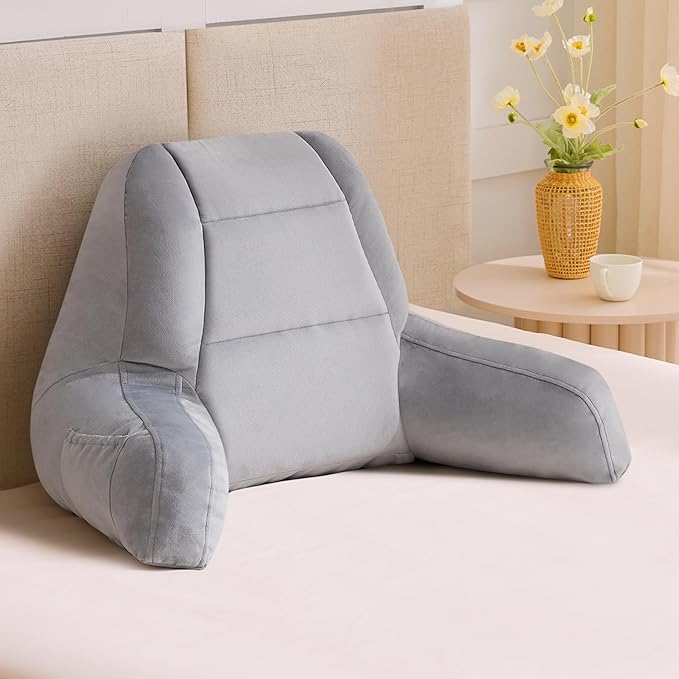 Reading Pillows for Sitting in Bed Adult, Back Pillow for Bed Sitting Up, Backrest Pillows with Shredded Foam for Adult&Teens, Support Pillow with Arms for Beds, Couch, Floor, 18in, Grey
