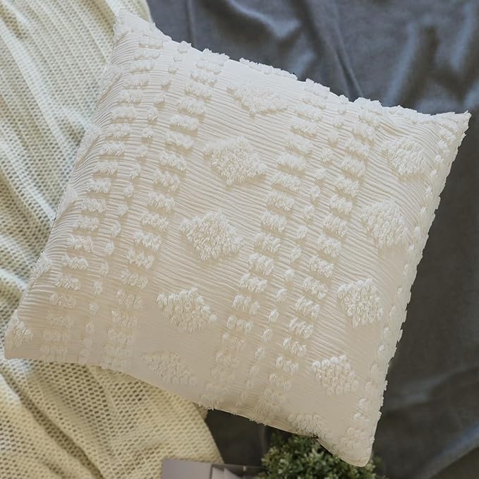 YINFUNG Ivory Euro Sham Covers Boho Shabby Chic Tufted Cream Off White 26x26 Set of 2 Euro Pillow Covers Poms Diamonds Moroccan Embroidery Farmhouse Large Pillow Cover