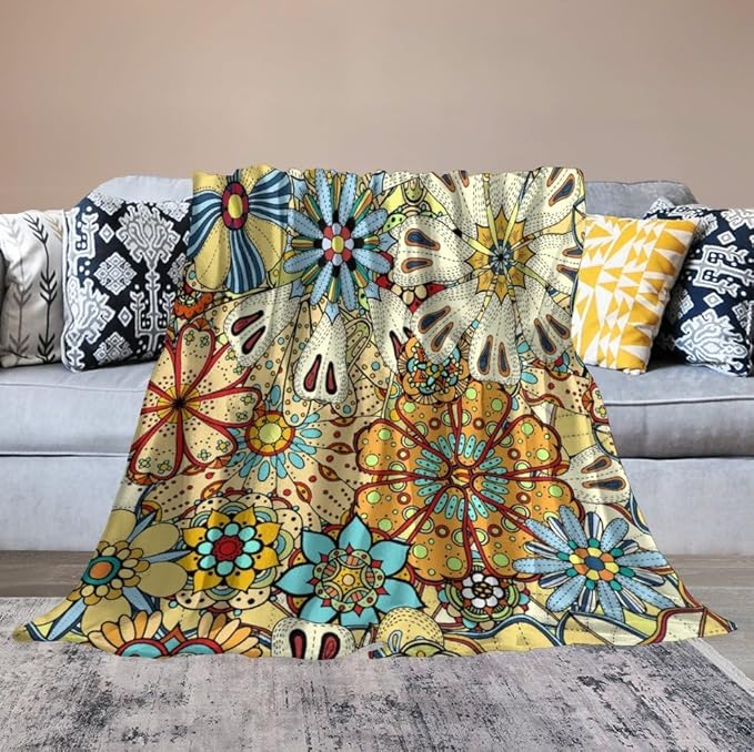 Boho Floral Throw Blanket Vintage Colorful Flowers Bohemian Print Mandala Blanket for Sofa Bed Couch Chair Or Dorm 30"x40"