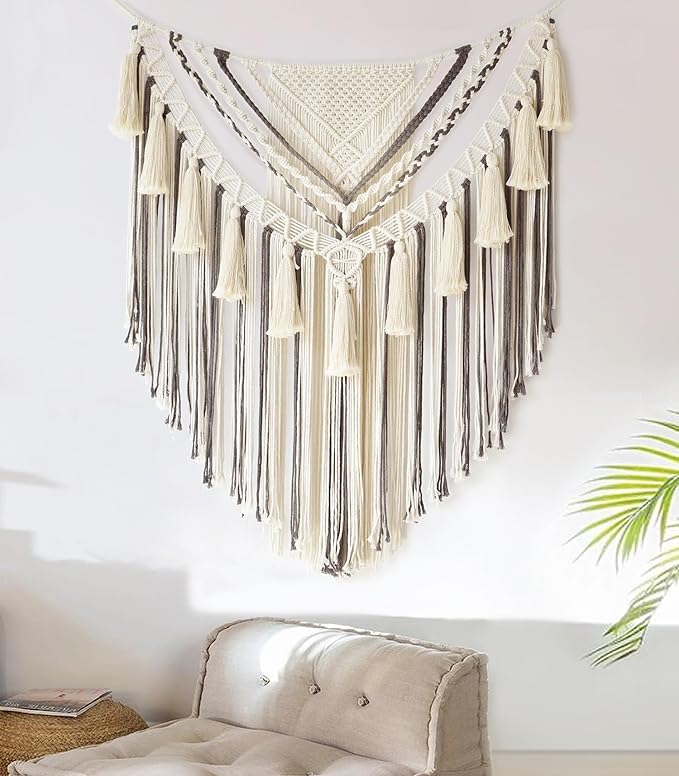 Jakalin Macrame Wall Hanging Grey Small Macrame Wall Decor Panels Handmade Wall Art Home Living Room Bedroom Decor,31" Wx 39" L