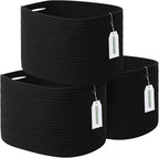 Cotton Rope Storage Basket, 15x10x9 Inches, Woven Basket for Shelves, Clothes, Towels, Books, and Laundry, Black (3 Pack)