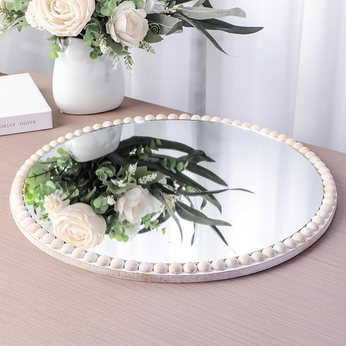 SWTHONY 15inch Small Round Boho Beaded Mirrors for Wall Decor, Cute Decorative Hanging Wooden Circle Nursery Mirror for Girl Room, Bedroom, Livingroom