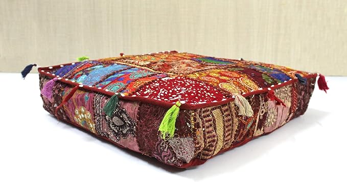 Mam Treasures Indian Bohemian Decorative Pillow Vintage Cushion Cover Patchwork Square Floor Pillow Cover Meditation Cushion Large Floor Pillow Indian Cushion (Brown, 18 X 18 X 5 Inch)