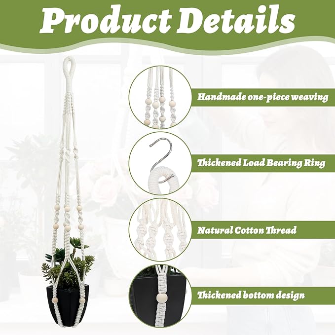 Large Macrame Plant Hanger with S Hook, 35 Inch Hanging Planters for Indoor Plants Outdoor, Extra Long Strong Hanging Plant Holder Basket Boho Home Decor(Ivory)