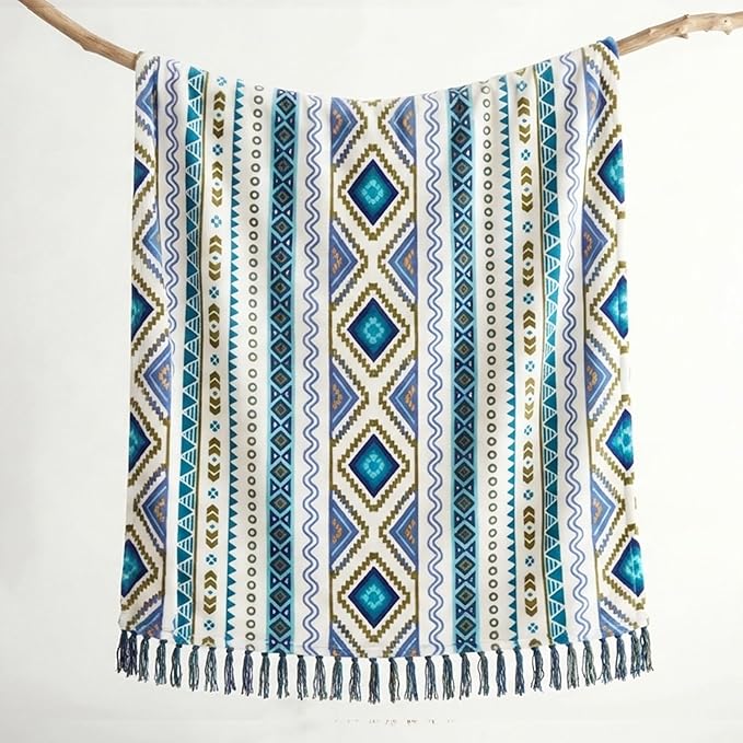 CASAAGUSTO Boho Throw Blanket - Blue and White Decorative Blankets with Tassel, Printed Flannel Bohemian Blanket for Chair, Bed, Sofa, Couch(50 * 60, Blue and White)