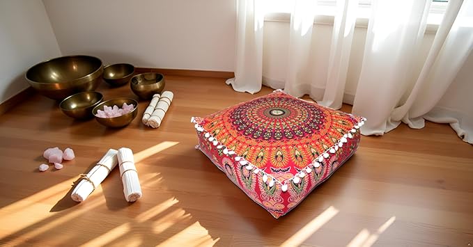 CRAFT KALA Red Peacock Large Hippie Mandala Meditation Floor Ottoman Pillow Cushion Pouf Cover Square Poufs Bohemian Circle Floor Cushion Case Outdoor Fireplace Yoga Living Room Decor Cover 18" Square