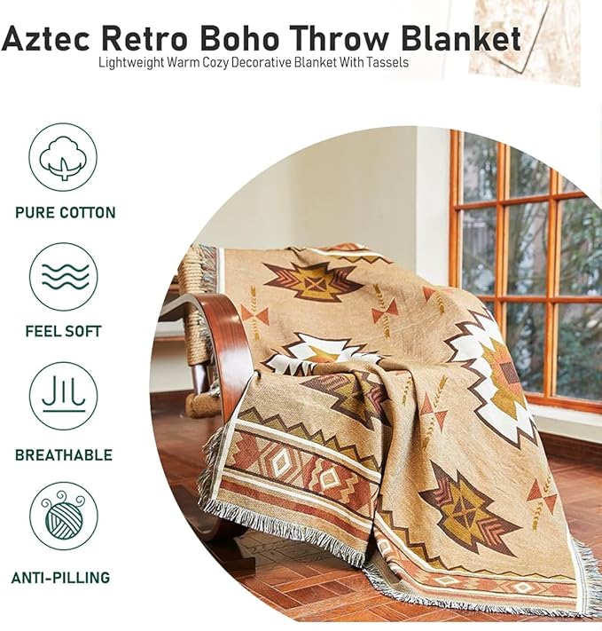 Hopstar Aztec Throw Blanket Navajo Indian Blankets and Throws Boho Western Decor Couch Cover Blanket for Bed Sofa Living Room Beach Travel 51"x63"(Sucre Coffee)