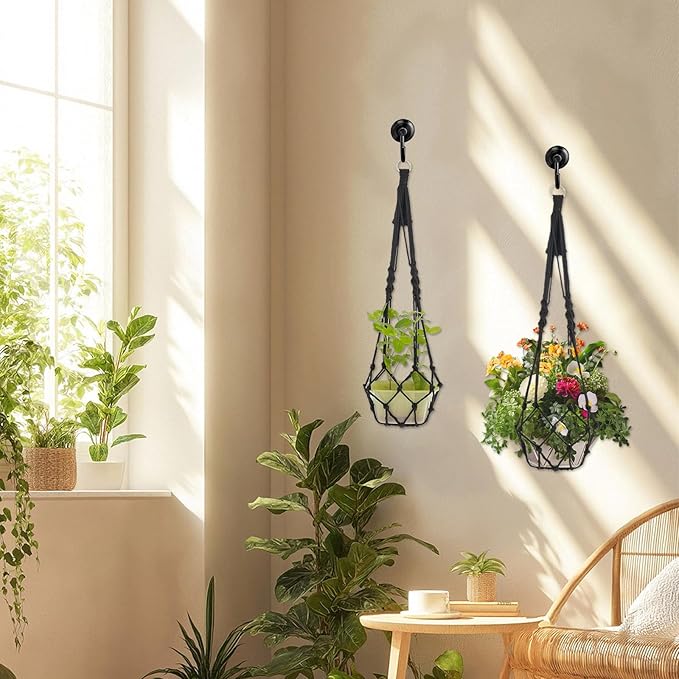 Boho Black Macrame Plant Hangers Set of 2 - Hanging Planter with Patterns, Handmade Cotton Rope Hanging Baskets for Indoor Outdoor Plants, Bohemian Home Wall Decor Art