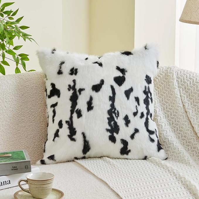 MOOX Rabbit Fur Throw Pillow Covers Decorative Fluffy Soft Fuzzy Plush Luxury Genuine Animal Skin Lumbar Pillow 18"x18" Cushion Cover, Cow Print