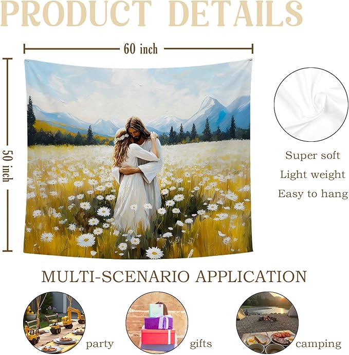 bitCNY Jesus Embracing Woman Tapestry 60x50 Inches – Inspirational Christian Wall Art, Flower Field Tapestry for Bedroom Living Room, Faith and Hope Decor