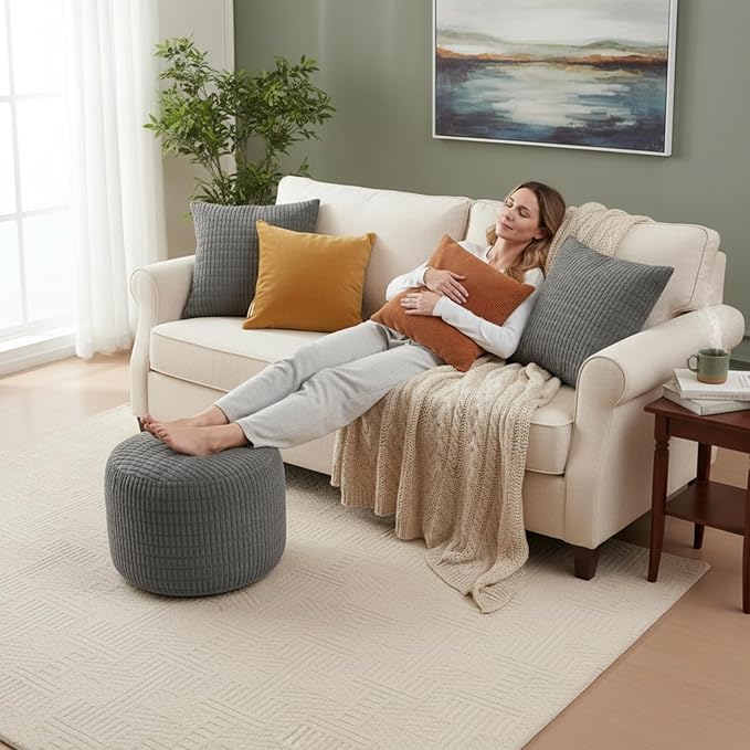 2 Pcs 20 x 15 Inch Unstuffed Ottoman Pouf Cover Corduroy Foot Rest - No Filler, Striped Foot Stool Floor Bean Bag Floor Chair Storage for Modern Farmhouse Bedroom Home Decor(Gray)