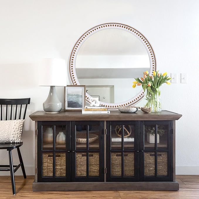 24 Inch Rustic Round Wall Mirror, Farmhouse Wooden Circle Bathroom Vanity Mirror for Entryway, Living Room, Bedroom & Hallway Home Decor