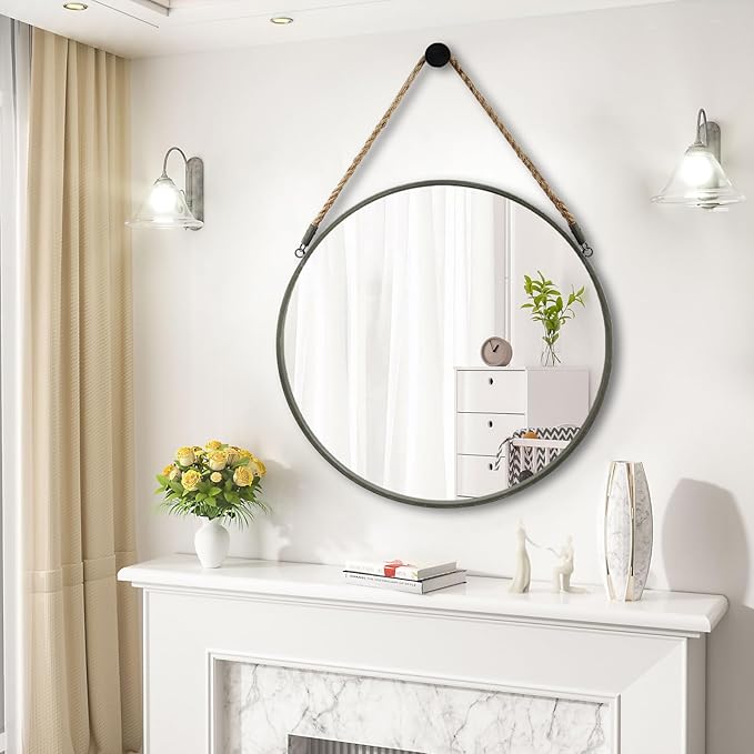 POZINO Large Round Rope Mirror, 30 Inch Circle Farmhouse Mirror, Hanging Mirror for Bathroom Bedroom Living Room Entryway Home Decor, Grey