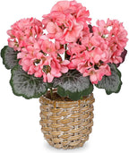 Briful Artificial Pink Geranium Flowers in Woven Basket, 11’’ Tall Silk Flower Arrangement, Realistic Geraniums Artificial Outdoor Plants for Home Indoor Farmhouse Table Wedding Centerpiece Decor