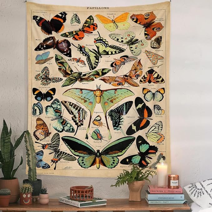 Vintage Butterfly Tapestry 48” x 36”, Long Vertical Wall Hanging Reference Illustrative Papillons Tapestries for Bedroom Aesthetic Butterfly Tapistry Cute Vertical Tapestry Wall Hanging Bedroom Decor
