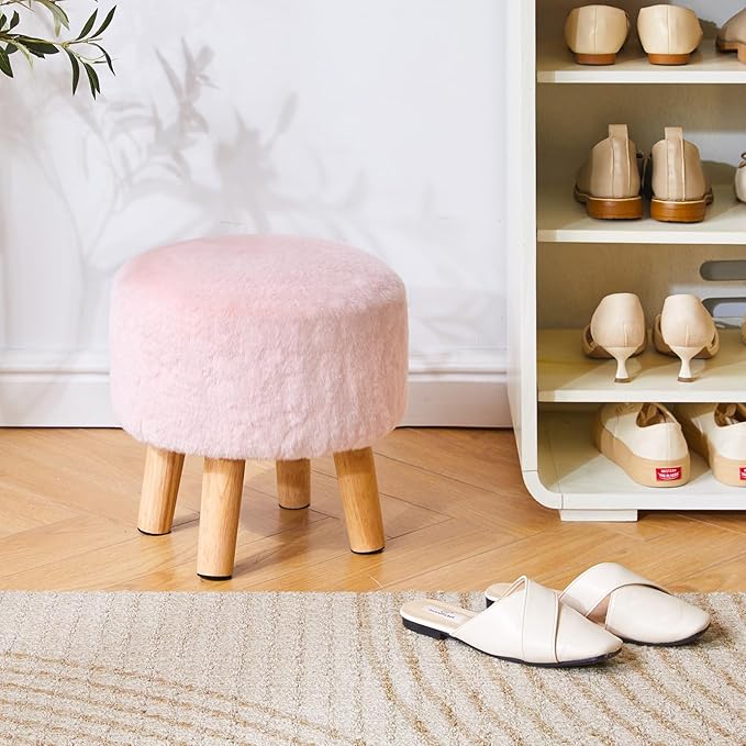 YMYNY Round Pouf Ottoman Small Foot Stool Faux Fur Foot Rest for Couch Modern Boho Footstools with Wood Legs for for Living Room Bedroom Office 12.6" D×12.6" W×12.6" H Pink UHBD035P