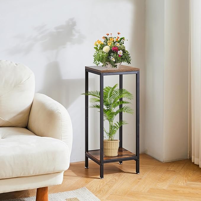 IBUYKE 30 Inch Tall Plant Stand Indoor, 2 Tier Wood Corner Plant Stand, Modern Square Plant Shelf Flower Stand for Living Room Patio Balcony Garden, Rustic Brown TMJ071H