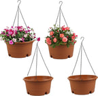 12 Inch Large Hanging Planters for Ootdoor Plants, 4 Pack Plastic Hanging Basket Pots with Drainage Trays & Chain, Hanging Pots for Plants Indoor Outdoor Garden Balcony Decoration (Terracotta)
