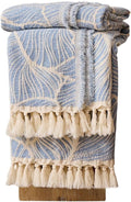 DOWN HOME Chenille Cotton Throw Blanket for Couch, Lightweight Boho Blanket for Bed Sofa Chair Living Room Outdoor Soft Woven Decorative Blanket with Tassel Gift Blue Leaves 50"x70"