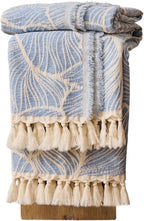 DOWN HOME Chenille Cotton Throw Blanket for Couch, Lightweight Boho Blanket for Bed Sofa Chair Living Room Outdoor Soft Woven Decorative Blanket with Tassel Gift Blue Leaves 50"x70"
