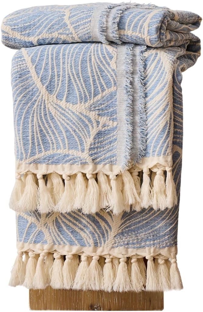 DOWN HOME Chenille Cotton Throw Blanket for Couch, Lightweight Boho Blanket for Bed Sofa Chair Living Room Outdoor Soft Woven Decorative Blanket with Tassel Gift Blue Leaves 50"x70"