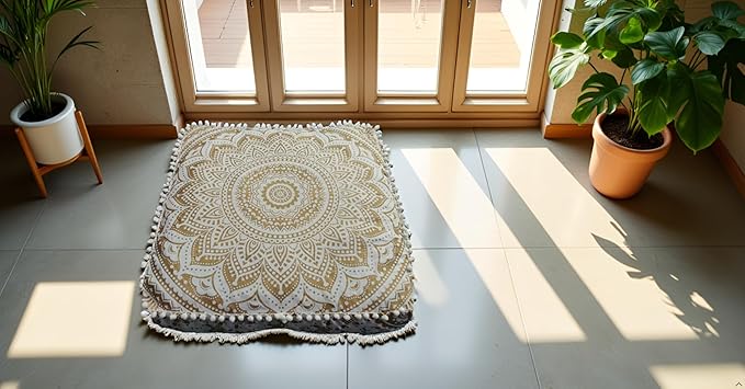 Gold Mandala Barmeri Large Floor Pillow Cover Cushion Meditation Seating Ottoman Throw Cover Hippie Decorative Zipped Bohemian Pouf Ottoman Poufs, Pom Pom Pillow Cases (White Gold, 24" Square)