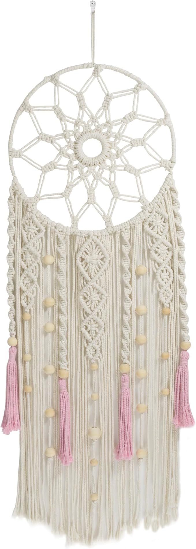 EOBTAIN Boho Macrame Wall Hanging Handmade Dream Catchers Pink and White Woven Tapestry Wall Decor Dreamcatcher Tassel Wall Art Bohemian Home Decor for Bedroom Living Room,Gifts for Girls Woman Mom