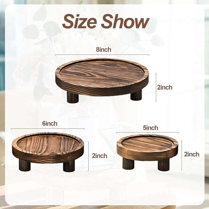 3 Pcs Wood Plant Stand Indoor Outdoor, Wooden Stool Display Stand 5/6/8" Round Riser Flower Pot Holder with Raised Edge Small Planter Tray Modern Potter Decorative for Garden Desktop Home Table Counter Room (Rustic Brown)