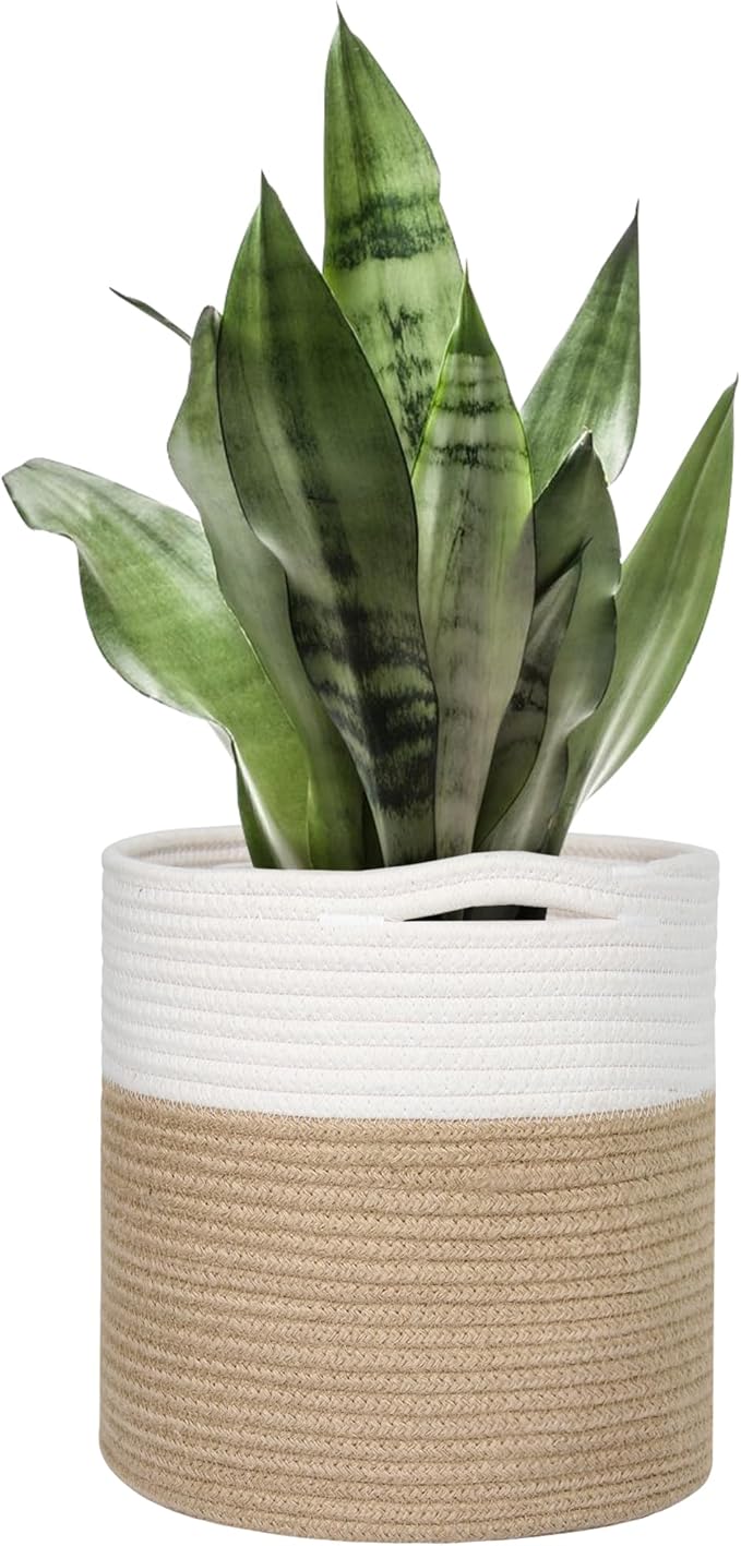 11" Wicker Plant Basket, Jute Spliced Cotton Rope Woven Basket Planter for 10 inch Pot, Indoor Decorative Flower Pot Cover, Boho Bin for Artificial Trees, Small Round Bin for Decor