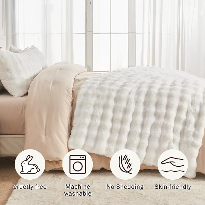 EMME Faux Fur Blanket Twin Size White - Big Bubble Rabbit Cozy Blanket for Couch, Thick Furry Plush Shaggy Blankets, 650GSM, 60x80 Inches