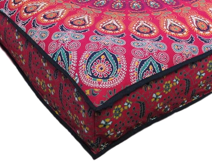 INDIAN CRAFT CASTLE 24" Red Peacock Mandala Barmeri Large Floor Pillow Cover Cushion Meditation Seating Ottoman Throw Cover Hippie Decorative Zipped Bohemian Pouf Ottoman Pom Pom Cases 24" Square