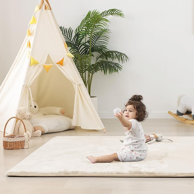 1.5" Thick Baby Play Mat for Floor, 59x79 Playpen Mat, Pro Soft Flannel Foam Mats Toddler Infant Kids Crawling for Nursery Rug Playroom Living Room Waterproof Easy Care Non-Slip (Beige)