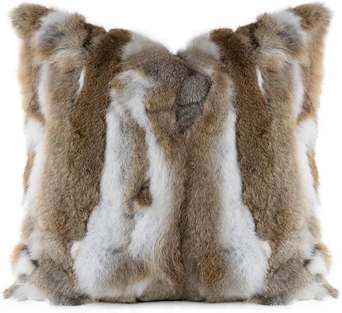 MOOX Rabbit Fur Throw Pillow Covers Decorative Fluffy Soft Fuzzy Plush Luxury Genuine Animal Skin Lumbar Pillow 18"x18" Cushion Cover, Couch-Yellow White