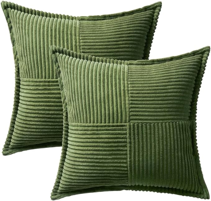MIULEE Spring Decorative Throw Pillow Covers for Couch Bed Livingroom 16x16 Inch Set of 2 Moss Green Boho Accent Throw Pllows Broadside Striped Patchwork Soft Corduroy Summer Pillowcases