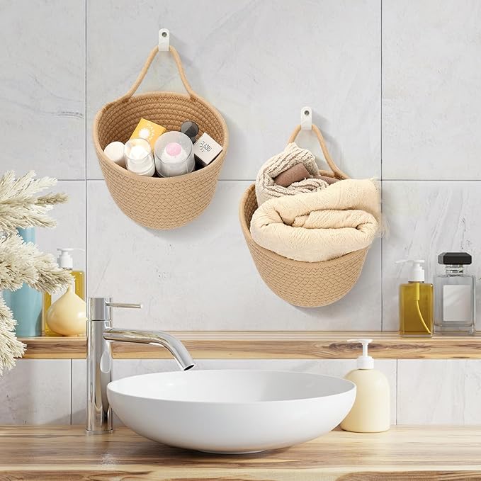 Boho Woven Wall Hanging Baskets - 2 Pack Fabric Storage Organizers with Adhesive Hooks, Rustic Jute Basket Set for Plants & Vegetables, Perfect for Living Room, Porch & Entryway Decor