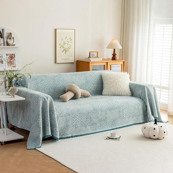 ROOMLIFE Blue Couch Cover Boho Sofa Covers for 3 Cushion Couch Washable, Furniture Protector Sofa Couch Cover for Dogs, Soft Breathable Sofa Slipcover, Couch Throw Blankets with Tassels 71''X134''