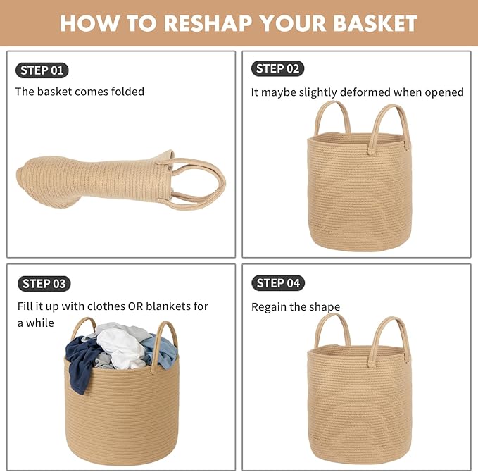 ShellKingdom Laundry Basket, Large Natural Rope Woven Storage Basket with Handles for Home, Living Room, Laundry, Storage Organizer for Blankets, Clothes, Plant, Toys, 19.7 x 14.96 INCH (Jute)