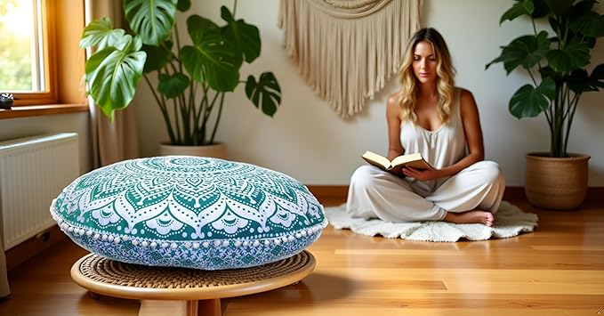 ICC Large Round seat Floor Cushion Chair Ottoman Cover, Pouf Pillow Meditation Floor Cushions Covers, Seating pouffe Throw Covers Craft Room Furniture for Sitting Cover 32" Inches Green